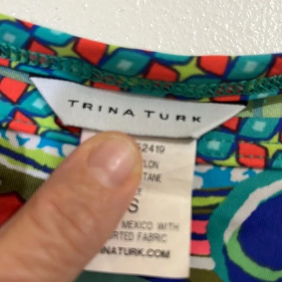 Trina Turk unique sleeved olive green/cranberry/ orange multi-colored top. Sm. - Picture 3 of 11